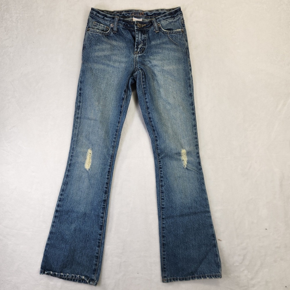 Y2K DELIAS Womens Size 00 Blue Denim Bootcut Jeans Distressed Ripped Flare Vtg